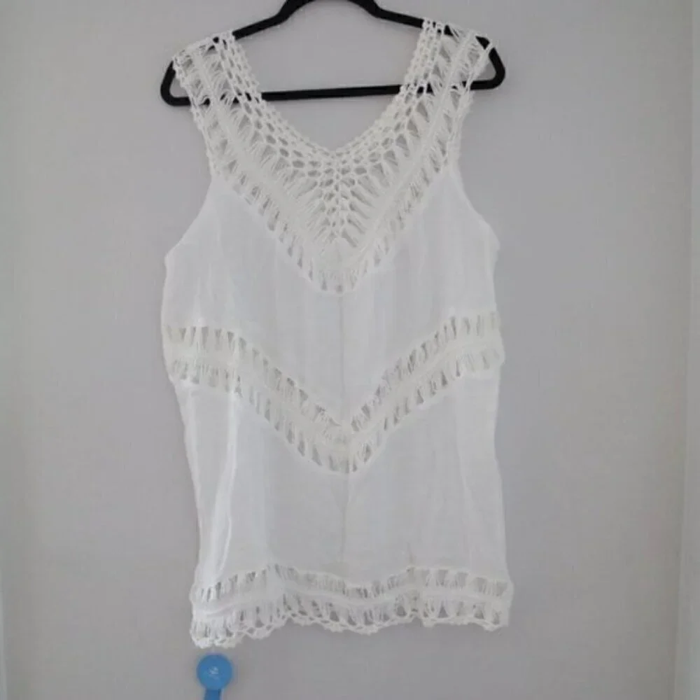 NEW White Crochet Sleeveless Tunic Bathing Suit Cover Up